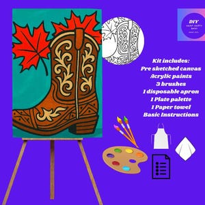 May include: A DIY paint kit with a pre-sketched canvas of a cowboy boot and maple leaves, acrylic paints, brushes, apron, palette, paper towel, and instructions. The canvas is on a wooden easel.