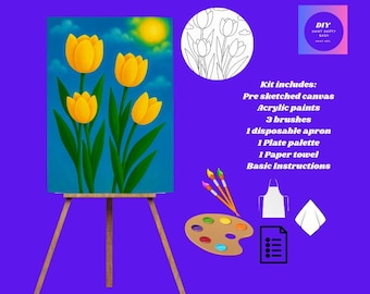Tulip Flower DIY Paint Kit , Pre Drawn Canvas Kit, Spring Art Activity