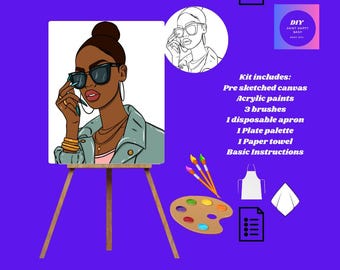 May include: A DIY paint party kit with a pre-sketched canvas featuring a stylish woman wearing sunglasses. The kit includes acrylic paints, brushes, a disposable apron, a palette, a paper towel, and instructions. The canvas is displayed on a wooden easel.