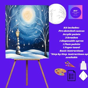 May include: A DIY paint party kit featuring a winter scene painting on an easel. The canvas shows a snowy landscape with a moon and lamppost. The kit includes acrylic paints, brushes, an apron, a palette, and instructions.