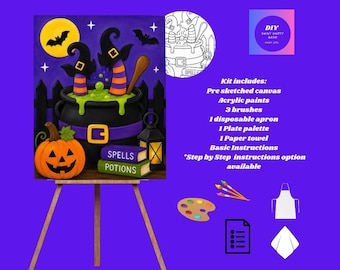 May include: A DIY paint party kit featuring a pre-sketched canvas of a witch's cauldron with green potion, a jack-o'-lantern, and books labeled Spells and Potions. The kit includes acrylic paints, three brushes, an apron, palette, and instructions.