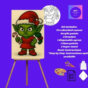 May include: A DIY paint kit featuring a cartoon elf with a Santa hat and candy cane on a canvas. The kit includes pre-sketched canvas, acrylic paints, brushes, apron, palette, and instructions. The elf is green with a red outfit.