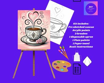 Tea or Coffee Paint Party DIY Kit: Whimsical Canvas Art