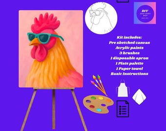 May include: A paint-by-numbers kit featuring a rooster wearing sunglasses. The kit includes a pre-sketched canvas, acrylic paints, brushes, a disposable apron, a palette, a paper towel, and instructions. The rooster painting is on a wooden easel.