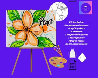 Könnte beinhalten: DIY-Malkit für eine Party mit einer vorgeskizzenen Leinwand, die eine Blume mit dem Wort "Peace" zeigt. Das Kit enthält Acrylfarben, Pinsel, eine Einweg-Schürze, eine Tellerpalette, ein Papiertuch und grundlegende Anweisungen.