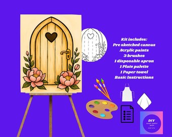 Op de afbeelding: Een paint-by-numbers kit met een voorgeschetst canvas van een houten deur met een hartvormig raam en roze bloemen. De kit bevat acrylverf, penselen, een schort, een palet en instructies. De tekst "DIY PAINT PARTY BASH" is ook zichtbaar.