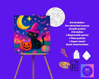 May include: A Halloween-themed DIY paint kit featuring a pre-sketched canvas with a black cat wearing a witch hat, pumpkins, and a crescent moon. The kit includes acrylic paints, brushes, an apron, a palette, and instructions.