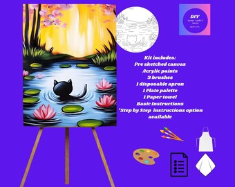 Kat in lotusvijver acrylverfset | DIY-schilderij zonsondergang
