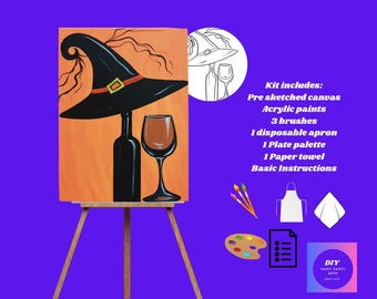 Witch Hat and Wine  Paint Kit| DIY Acrylic Halloween Painting for Adults