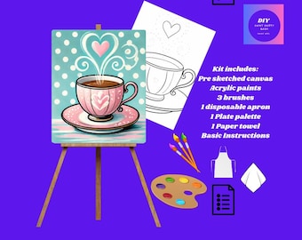 Tea or Coffee Paint Party DIY Kit: Whimsical Canvas Art
