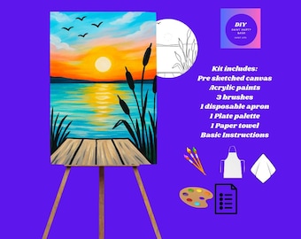 May include: A paint-by-numbers kit with a sunset over water scene. The kit includes a pre-sketched canvas, acrylic paints, brushes, an apron, a palette, a paper towel, and instructions. The canvas is mounted on a wooden easel.