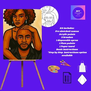 May include: A DIY paint party kit with a pre-sketched canvas featuring a couple, acrylic paints, brushes, an apron, a palette, and a paper towel. The kit includes basic instructions and step-by-step instructions are available.