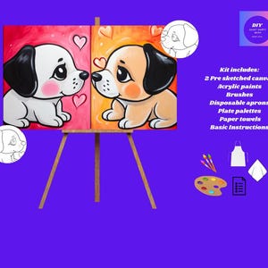 Valentines Day, Mommy and Me Two Adorable Puppies ,  2 Canvas included for the option selected , Paint Party, Canvas Art, DIY Paint Kit