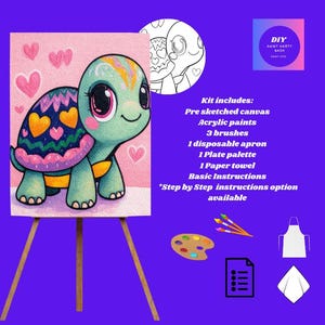 May include: DIY paint kit featuring a pre-sketched canvas with a cartoon turtle design. Includes acrylic paints, brushes, apron, palette, and towel. The canvas is displayed on a wooden easel. The kit is for a paint party.