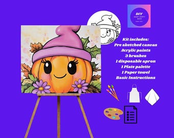 Puede incluir: Un kit de pintura DIY con un lienzo pre-dibujado con una calabaza naranja con un sombrero de bruja rosa. El kit incluye pinturas acrílicas, pinceles, un delantal, una paleta, una toalla de papel e instrucciones. El lienzo está en un caballete de madera.