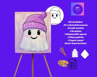 May include: A DIY paint kit featuring a canvas with a ghost wearing a purple hat. The kit includes a pre-sketched canvas, acrylic paints, brushes, an apron, a palette, a paper towel, and instructions. The canvas is displayed on a wooden easel.