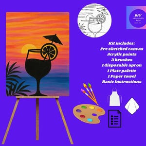 DIY Tropical Sunset Cocktail Paint Kit,  Relaxing Canvas Art for Adults and Beginners