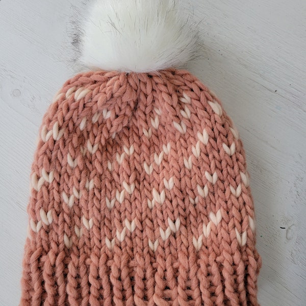 Hand knit chunky peach and eggshell Jacob wool and merino wool beanie hat - fair isle colorway knit adult wool hat