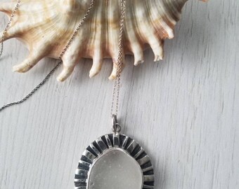 Hand made Genuine white chunky sea glass pendant- sterling silver sea glass pendant with chain