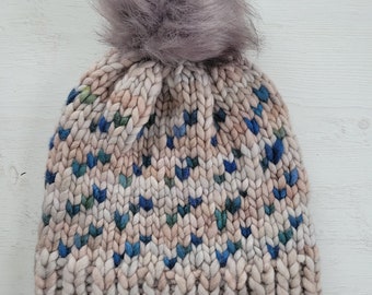 Hand knit chunky malabrigo rasta blue and beige multicolored merino wool beanie hat - fair isle colorway knit adult wool hat