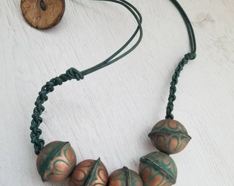 Genuine cowhide leather beaded necklace - green and copper color