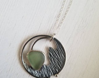 Hand made Genuine sage green sea glass wave pendant- sterling silver sea glass pendant with chain