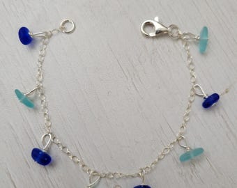 Genuine multicolored sea glass charm bracelet - sterling silver chain sea glass bracelet