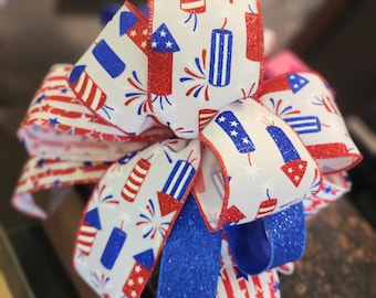 Patriotic 4th of July Bow | Red White Blue Fireworks Ribbon Bow | Independence Day Wreath Bow | Memorial Day Decor
