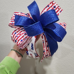 Patriotic 4th of July Bow | Red White Blue Glitter Wreath Bow | Independence Day Decor | Handmade USA Ribbon Bow | Memorial Day Decoration
