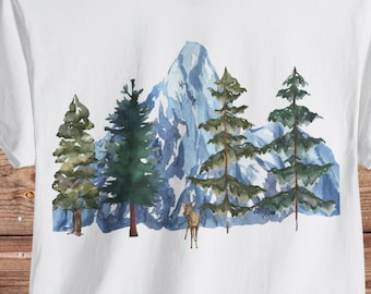 Watercolor Nature T-Shirt: Trees, Mountains, Deer Graphic Tee