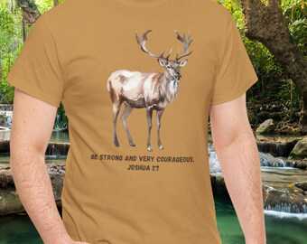 May include: A mustard yellow t-shirt with a watercolor illustration of a deer with large antlers. The text "BE STRONG AND VERY COURAGEOUS. JOSHUA 1:7" is printed below the deer.