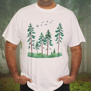 Watercolor Trees Shirt, Forest Graphic Tee, Nature Tshirt, Watercolor Art, Pine Tree, Landscape shirt, Camping Tee, Bird, Forest Shirt,
