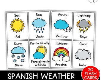 8 Flashcard sul meteo in spagnolo / Flashcard stampabili / Bilingue / Poster / Apprendimento / ELA / Lingua / Scheda illustrata / Calendario / Vocabolario