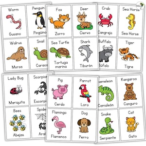 60 Spanish Animals Flashcards | English Spanish Printable | Animal | Learn Spanish | Worksheet Kids | Bilingual | ESL | For Kids | Posters