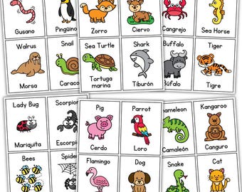 60 Spanish Animals Flashcards | English Spanish Printable | Animal | Learn Spanish | Worksheet Kids | Bilingual | ESL | For Kids | Posters