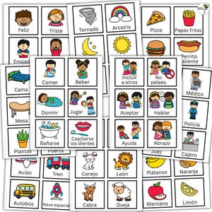 Peut inclure: Un ensemble de cartes flash avec des illustrations colorées et des mots en espagnol. Les cartes représentent divers objets, actions et émotions, notamment de la nourriture, des animaux et des activités quotidiennes. Ces cartes sont éducatives.