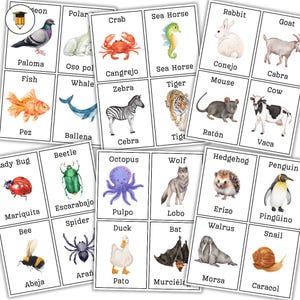 60 Spanish Animals Flashcards | English Spanish Printable | Watercolor Animal | Learn Spanish | Worksheet Kids | Bilingual | ESL | For Kids