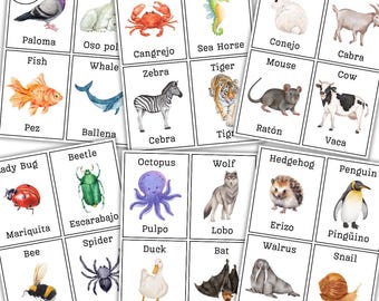 60 Spanish Animals Flashcards | English Spanish Printable | Watercolor Animal | Learn Spanish | Worksheet Kids | Bilingual | ESL | For Kids