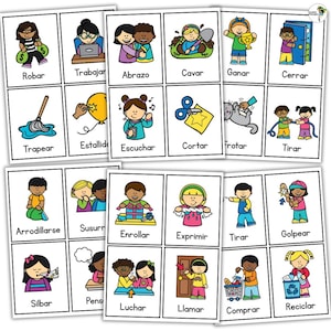 May include: A set of flashcards with vibrant illustrations showing different actions. Each card displays a Spanish verb, like "Robar" (to steal), "Trabajar" (to work), and "Abrazo" (to hug), alongside a matching image.