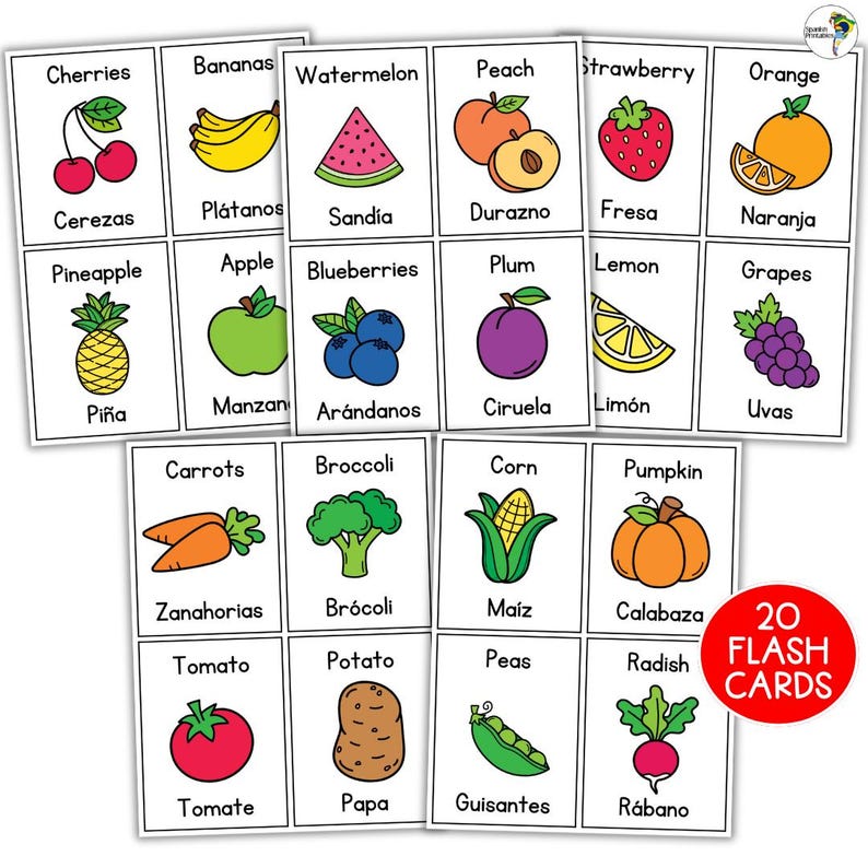 20 Spanish Fruits and Vegetable Flashcards | Printable Flashcards ...