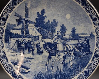 Grande assiette murale en faïence de Delft – Chemkefa Hollande, scène d'hiver, Ø 39 cm