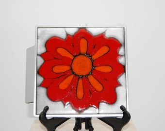 Neuf - Poignée de porte d'entrée vintage en céramique des années 1970, à motif floral, rouge et orange, neuve.