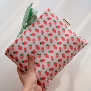 Handmade Book Sleeve, Strawberry Quilted Book Sleeve, Fabric Book Pouch with Bow, Cute Padded Book Cover, Aesthetic Gift for Book Lovers