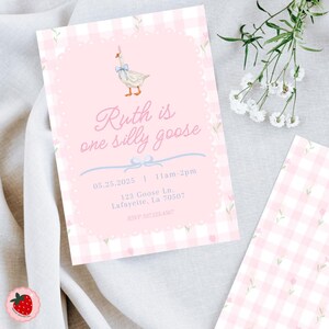 Silly Goose 1st Birthday Invitation: Pink Gingham (Digital File)
