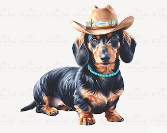 Chapeau de cowboy western teckel PNG drôle chien sublimation conception pour chemises gobelets mugs fichier numérique haute résolution usage commercial artisanat
