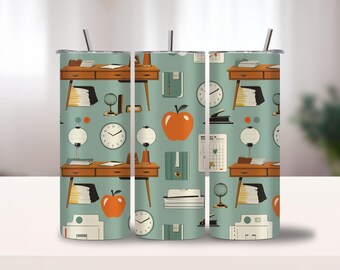 Escritorio de profesor Midmod PNG, envoltura escolar retro, clipart de globo vintage, diseño de sublimación sin costuras, archivo de arte para manualidades, uso personal o comercial