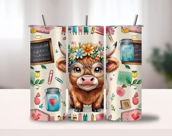 Occhiali floreali Highland Cow PNG, arte in stile boho per l'aula, design regalo per insegnanti, clipart a sublimazione, motivo di mucca carina