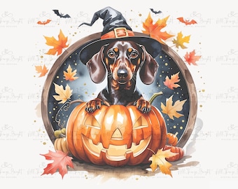 May include: Watercolor illustration of a dachshund wearing a witch hat, peeking over a carved pumpkin. The pumpkin is surrounded by autumn leaves and small pumpkins. Bats are flying in the background. The image has a Halloween theme.