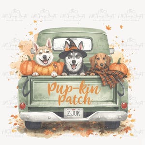 May include: Watercolor illustration of three dogs in a green pickup truck. The dogs are smiling and wearing Halloween costumes. The truck bed reads "pup-kin patch" in orange lettering. Pumpkins and fall leaves surround the truck.