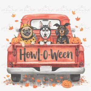 May include: Watercolor illustration of a red pickup truck with three dogs in Halloween costumes. A pug in a bee costume, a husky in a cape, and a dachshund with bat wings. The truck bed reads "Howl-O-Ween". Pumpkins and fall leaves are scattered around.